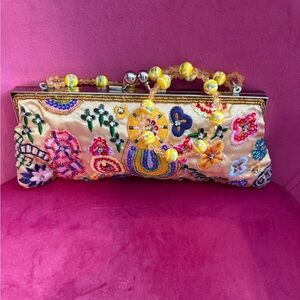 Embroidered Floral Clutch with Beaded Handle